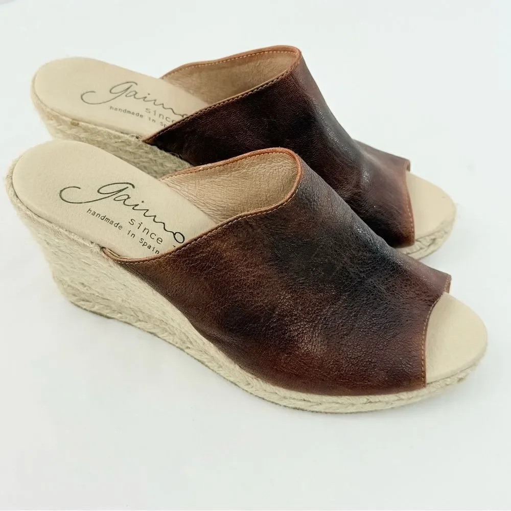 Gaimo Anthropologie GOSSA Brown Leather Open Toe Wedge Heel Espadrille Sandals